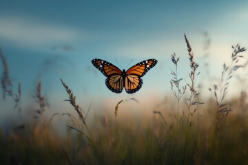 Beautiful monarch butterfly flying over green grass during a colorful sunset, creating a peaceful and inspiring nature scene