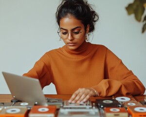 Retro Tech Revival Young Indian Woman Curates Vintage Cassettes and CDs on Wooden Table - Urban Lifestyle Insights for Digital Archiving and Educational Content Creation