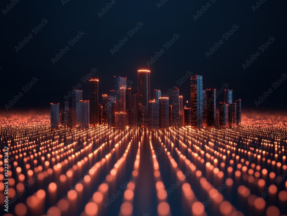Poster Futuristic Cityscape Visualization with Digital Grid Overlay Advanced AR/VR Interface for Urban Data Security and Cyber Solutions in Modern Smart Cities