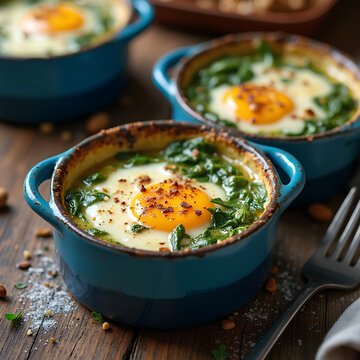 &OElig;ufs en cocotte au four avec &eacute;pinards, persil, amandes, pignons et cr&egrave;me dans des ramequins bleus. Cuisine fran&ccedil;aise et id&eacute;e de petit-d&eacute;jeuner sain.