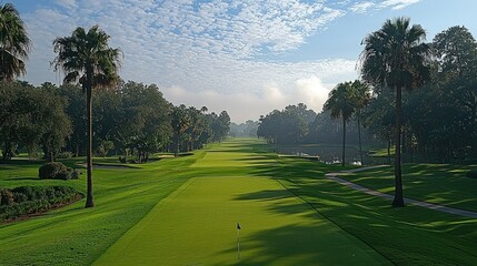 Obraz premium Serene Golf Course Morning: Palm Trees and Lush Greens