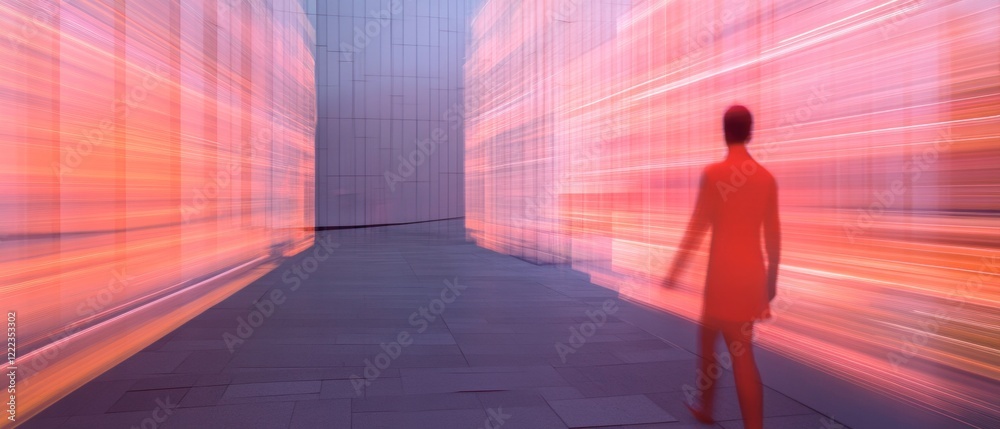 Poster neon-futuristic data visualization dynamic light wall with business professional walking - interacti