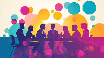silhouetted group having a lively discussion with a colorful abstract background of overlapping vibrant circles  
