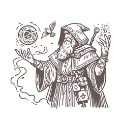 A fantasy wizard in a hooded robe summoning magical symbols and elements with an ancient grimoire. Isolated vector illustration.