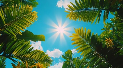 Fototapeta premium Bright Sun Shining Through Lush Green Tropical Foliage Above
