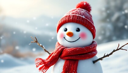 Happy Snowman Red Hat Scarf Winter Wonderland Scene