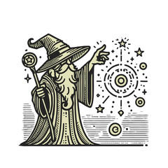 Fototapeta premium A legendary wizard with a staff surrounded by arcane symbols and magical elements in a detailed fantasy style. Isolated vector illustration.