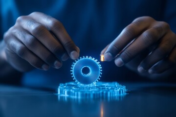 Innovative Prototyping in Startup Culture Close-Up of Indian Man Adjusting Blue PLA Filament on FDM Printer for Gear Design - Tech and Business Innovation
