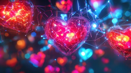 Cyberpunk-inspired interconnected hearts glowing brightly, symbolizing the digital workforce in vivid hues