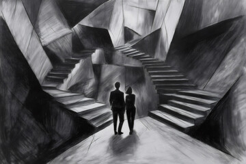 Charcoal sketch of businesspeople exploring an impossible building with Escherian stairs, symbolizing career and challenge