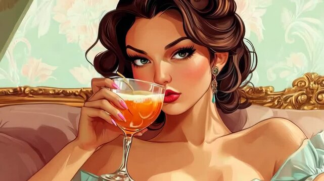 Elegant woman sipping a cocktail on luxurious sofa