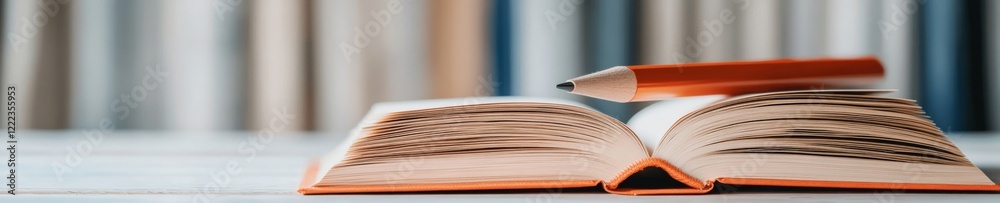 Poster minimalist study setup hardcover book and wooden pencil on desk enhancing focus and aesthetics for m