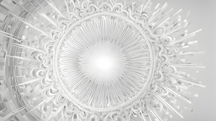 Abstract 3D rendering of a white, ornate, circular design with radiating lines and intricate details, creating a futuristic or architectural background.