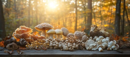 Autumnal Mushroom Display: A Golden Hour Forest Fungi Collection