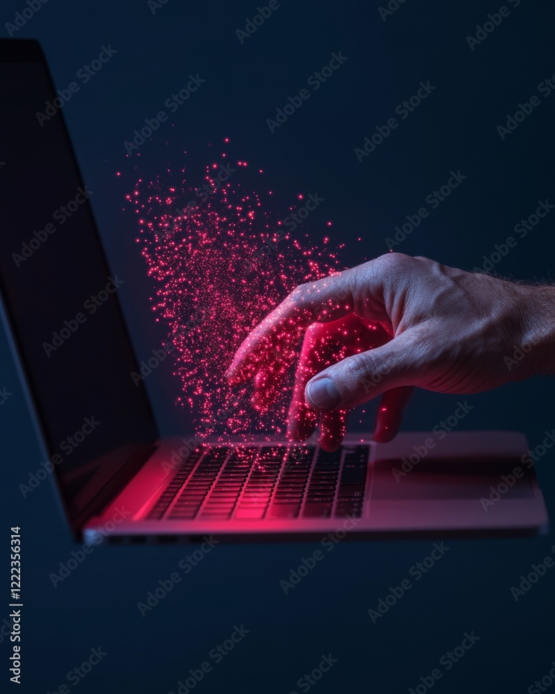 Aufkleber Futuristic Tech Interface Hand Interacting with Holographic Elements on Laptop - Cutting-Edge Digital Innovation and Professional Productivity Enhancement