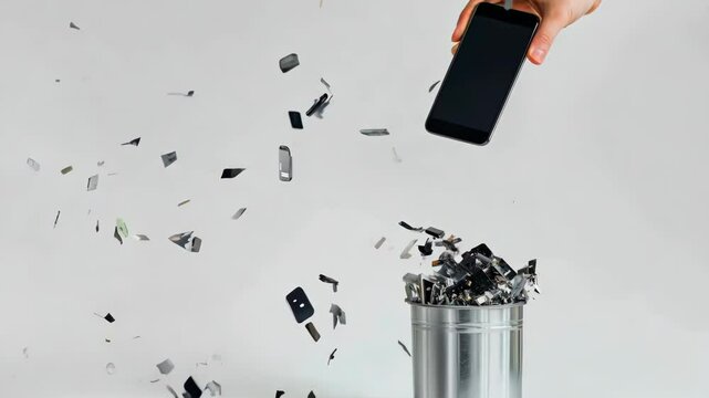 Smartphone transforming into electronic waste in a trash can