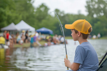 Boy concentrating on fishing rod during a charity fishing tournament, with blurred people in the background