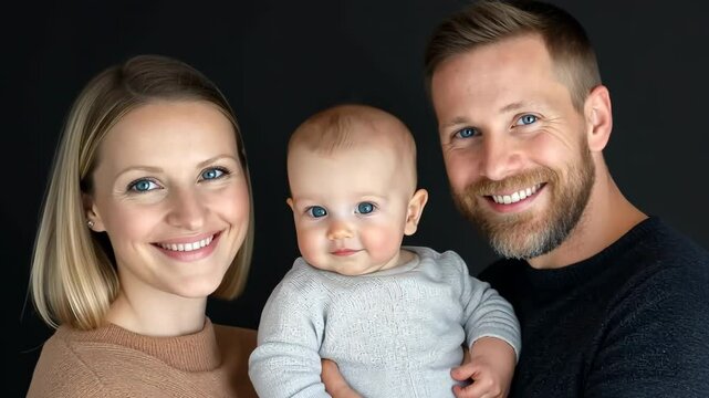 A family of three, a man, a woman and a baby, are posing for a picture
