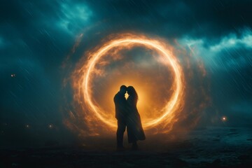 Obraz premium Couple facing a storm, their love creating a glowing portal in a surreal, otherworldly scene
