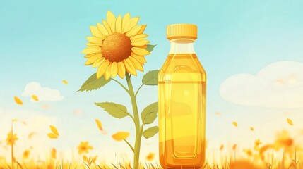 bottle of sunflower oil with sunflower plants aside, clear blue sky background, cooking oil painting drawing