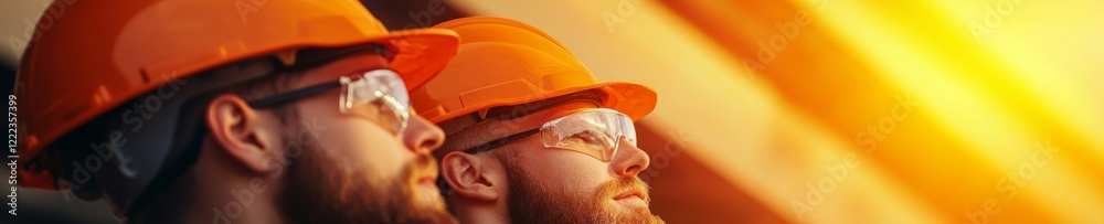 Poster Sunlit Industrial Safety Machine Operators in Durable Attire Discuss Protocols Near Assembly Line - Enhanced Training and Risk Management for Manufacturing Excellence