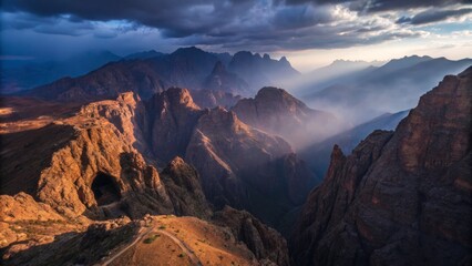 Naklejka premium Aerial Deception: Drone Photography of a Shadowy Mountain Conspiracy