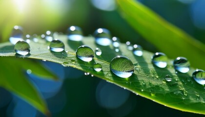 Water Droplets Glistening on Green Leaves in a Serene Natural Setting During the Early Morning Light. Generated image
