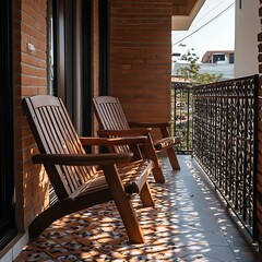 Wooden chairs on the terrace of an apartment building on a sunny day