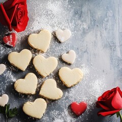 Fototapeta premium Heart-Shaped Cookies Surrounded by Roses and Decorative Sugar Dust