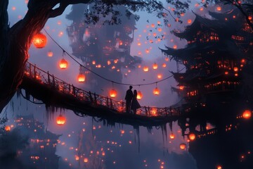 A fantasy scene of two lovers standing on a glowing bridge made of light, surrounded by floating lanterns and an enchanted forest shimmering with magical colors