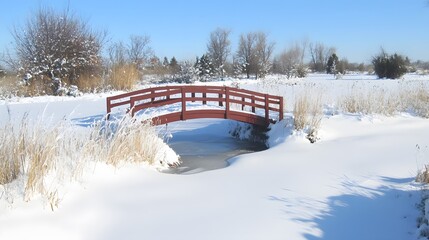 Winter Wonderland Bridge, Snowy Landscape Scene with Red Wooden Footbridge