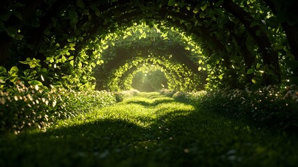 Serene Pathway Through Lush Green Archway in Tranquil Garden