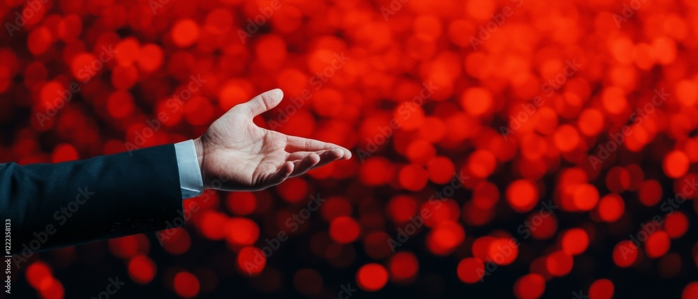 Fototapete minimalist corporate seminar speaker in professional attire gesturing over abstract light display - 