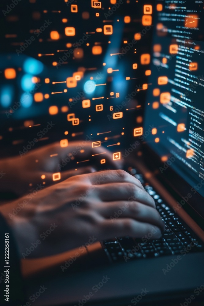 Poster Cybersecurity Visual Neon Orange Digital Streams and Binary Code on Dark Workspace - Dynamic Data Protection Imagery for Modern IT Solutions and Corporate Security Strategies