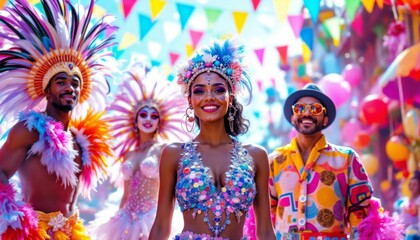 A vibrant Carnival celebration showcases diverse performers in colorful costumes and headdresses