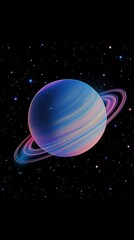 A cute, minimalist planet with rings glowing in soft pastel shades, surrounded by tiny floating stars illustration, digital art, dreamy fantasy, cold color tone