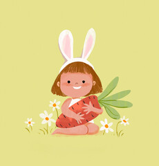 Illustration of a cute child with bunny ears holding a carrot surrounded by chamomile flowers