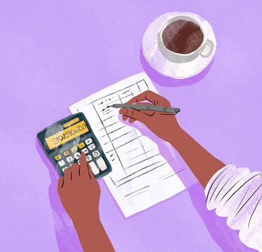 Illustration of hands using a calculator and writing on documents with a cup of coffee on a purple background