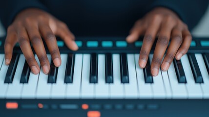 Obraz premium A close-up of hands playing a keyboard, showcasing musical creativity and the art of performance.