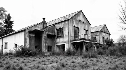 Obraz premium Abandoned buildings in a rural setting surrounded by overgrown vegetation and trees in black and white