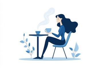 A flat 2D drawing of a person sitting at a table, holding a steaming cup of tea, staring wistfully at an empty chair across from them, set against a plain white background