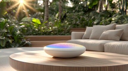 Fototapeta premium Modern Colorful LED Night Light on Wooden Table in Tropical Garden Setting