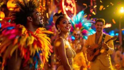 Volumetric lighting enhances a lively Brazilian carnival celebration with dancers