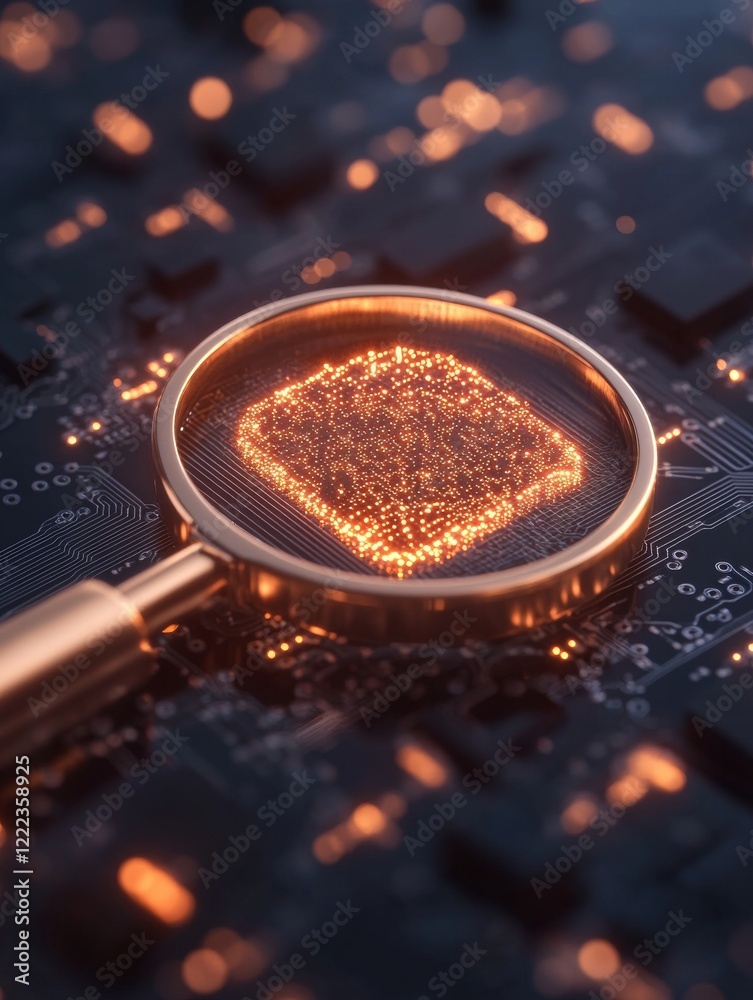 Poster Futuristic Cybersecurity Audit Illuminated Circuit Board with Magnifying Glass - Tech and Digital Safety Content for System Hardening and Network Security in Business Environments