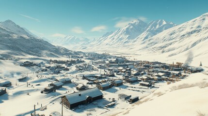 Snowy Mountain Village Winter Landscape Scene