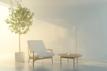 Minimalist living room with white chair and coffee