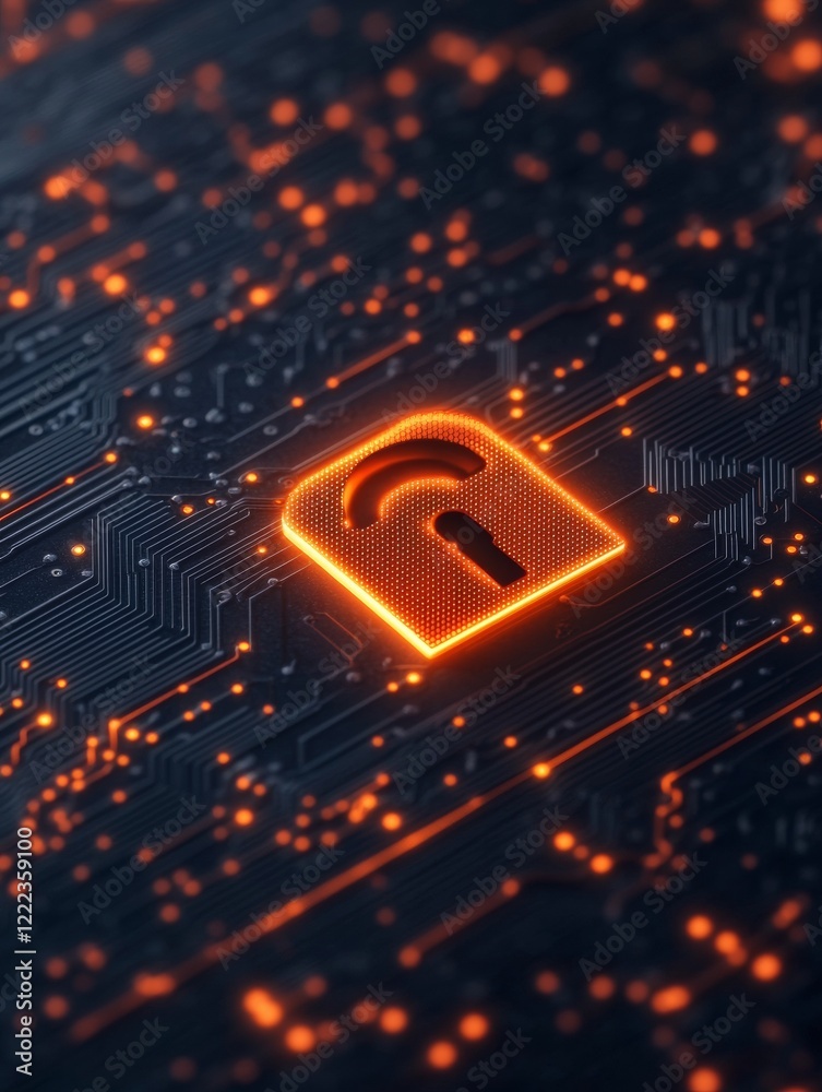 Poster futuristic cybersecurity graphic neon circuit board with glowing lock icon - digital privacy visual 