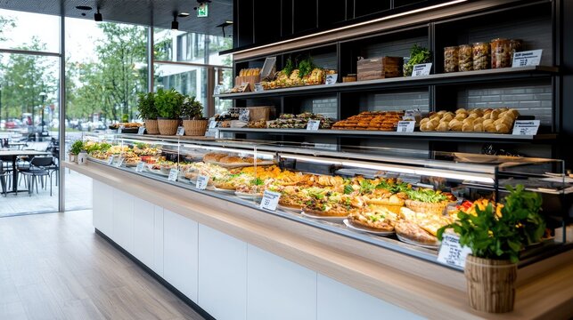 Modern bakery display with various pastries and sandwiches