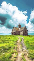 Fototapeta premium Serene Stone Church on Green Hill Landscape under Dramatic Sky