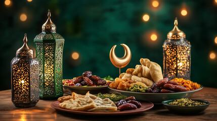 A beautifully set Muslim dining table, adorned with traditional Ramadan decorations, lanterns, crescent moons and a variety of dishes such as dates, biryani, samosas and flatbreads, elegantly arranged